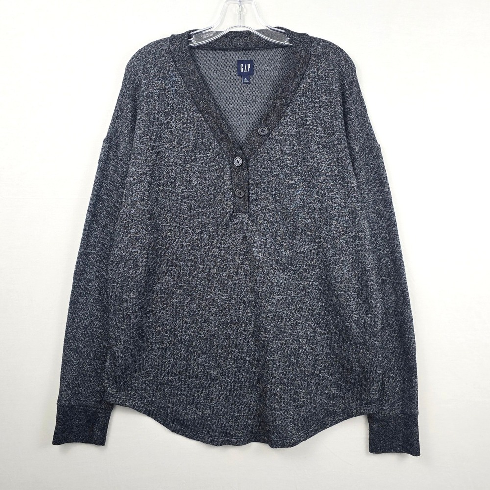 Gap V-Neck ‎ Long Sleeve Black Gray Henley Women Sweatshirt Shirt L